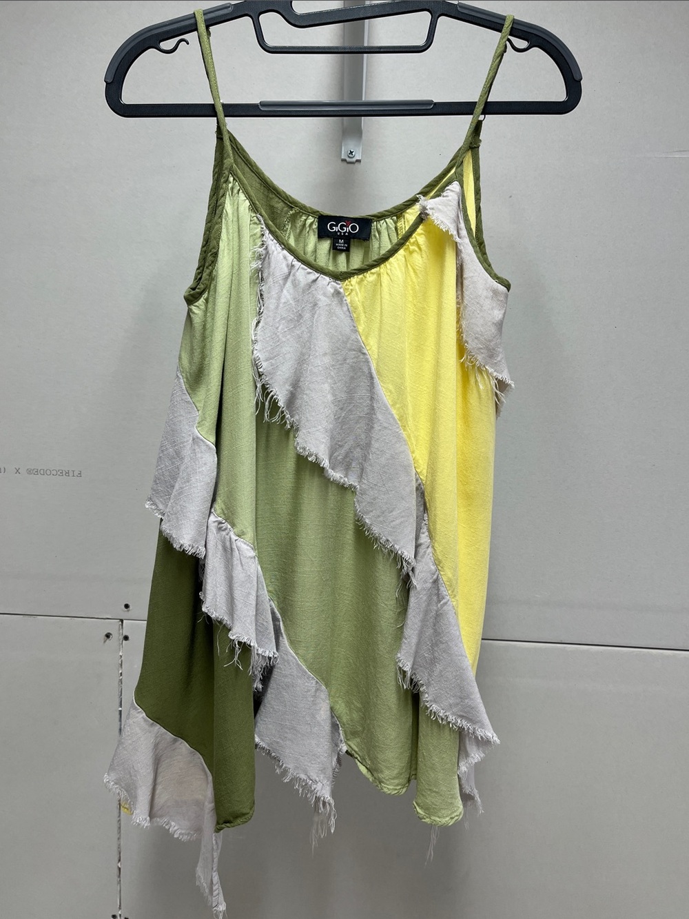 Gigio Olive, Yellow & Cream Layered Fringe Bohemian Hippie Tank Top - M